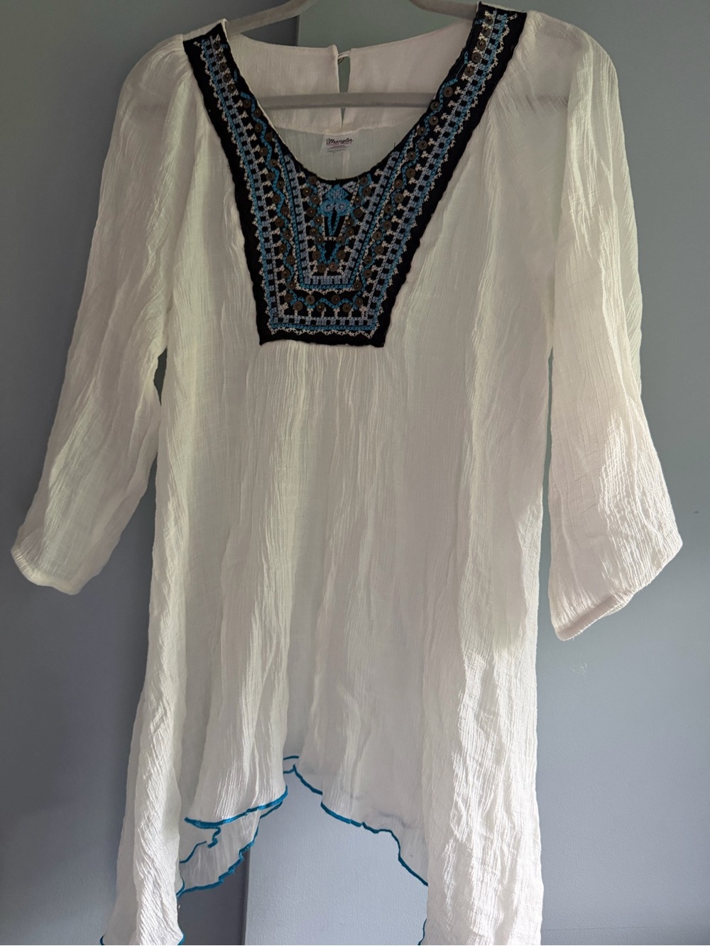 Wrangler White Boho Tunic with Blue and Black Embroidered Yoke